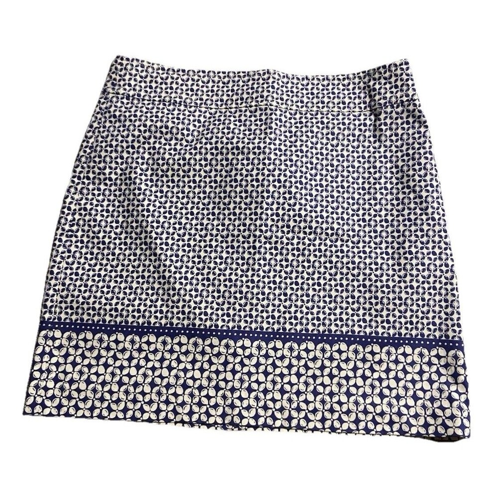 Talbots Womens 14 Blue White Design Stretch Skirt Lined Cotton EUC